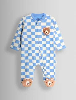 Pure Cotton Checked Bear Sleepsuit (7lbs-18 Mths)