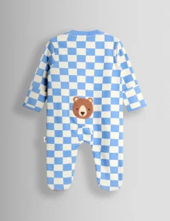 Pure Cotton Checked Bear Sleepsuit (7lbs-18 Mths)