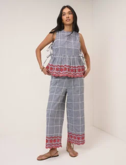 Pure Cotton Checked Cropped Trousers