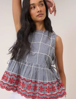 Pure Cotton Checked Embroidered Peplum Top