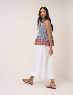 Pure Cotton Checked Embroidered Peplum Top