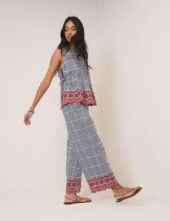 Pure Cotton Checked Embroidered Peplum Top