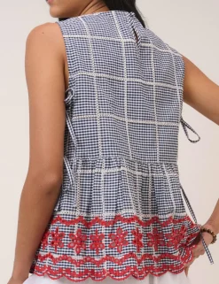 Pure Cotton Checked Embroidered Peplum Top
