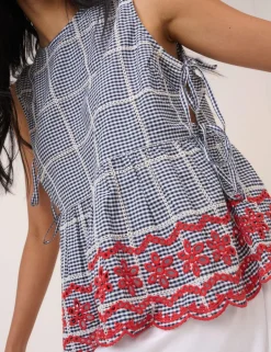 Pure Cotton Checked Embroidered Peplum Top