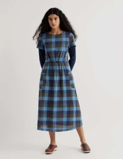 Pure Cotton Checked Midi Waisted Dress