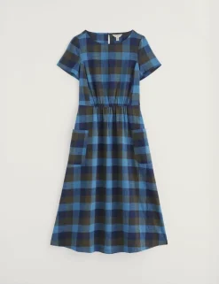 Pure Cotton Checked Midi Waisted Dress