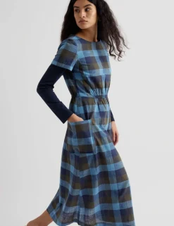 Pure Cotton Checked Midi Waisted Dress