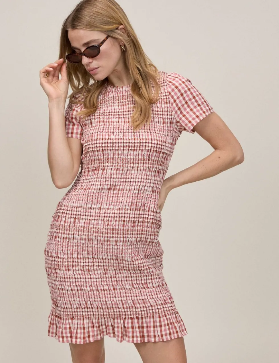 Pure Cotton Checked Mini Shirred Dress