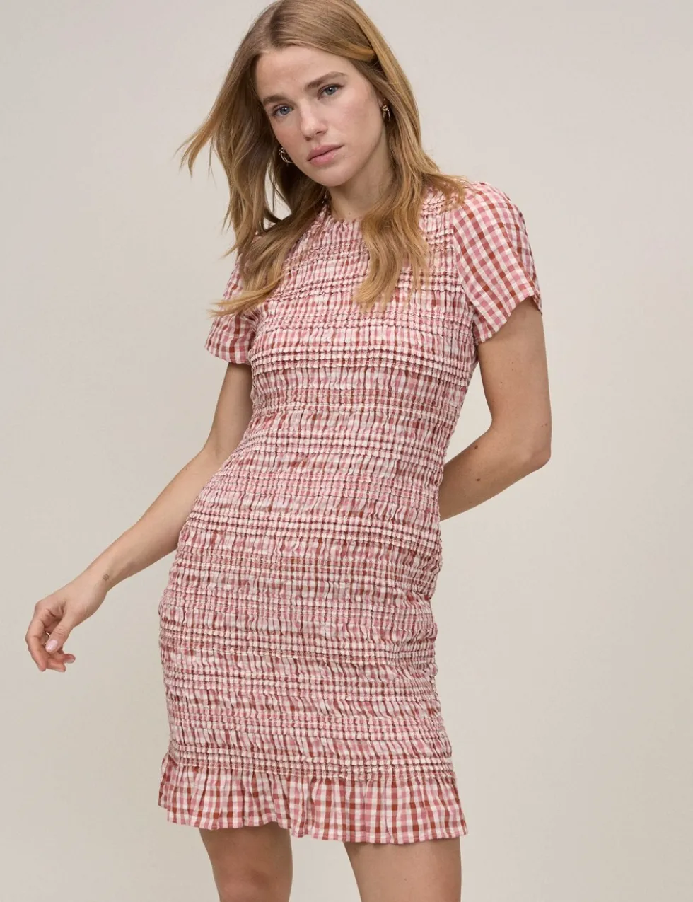 Pure Cotton Checked Mini Shirred Dress