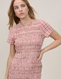 Pure Cotton Checked Mini Shirred Dress