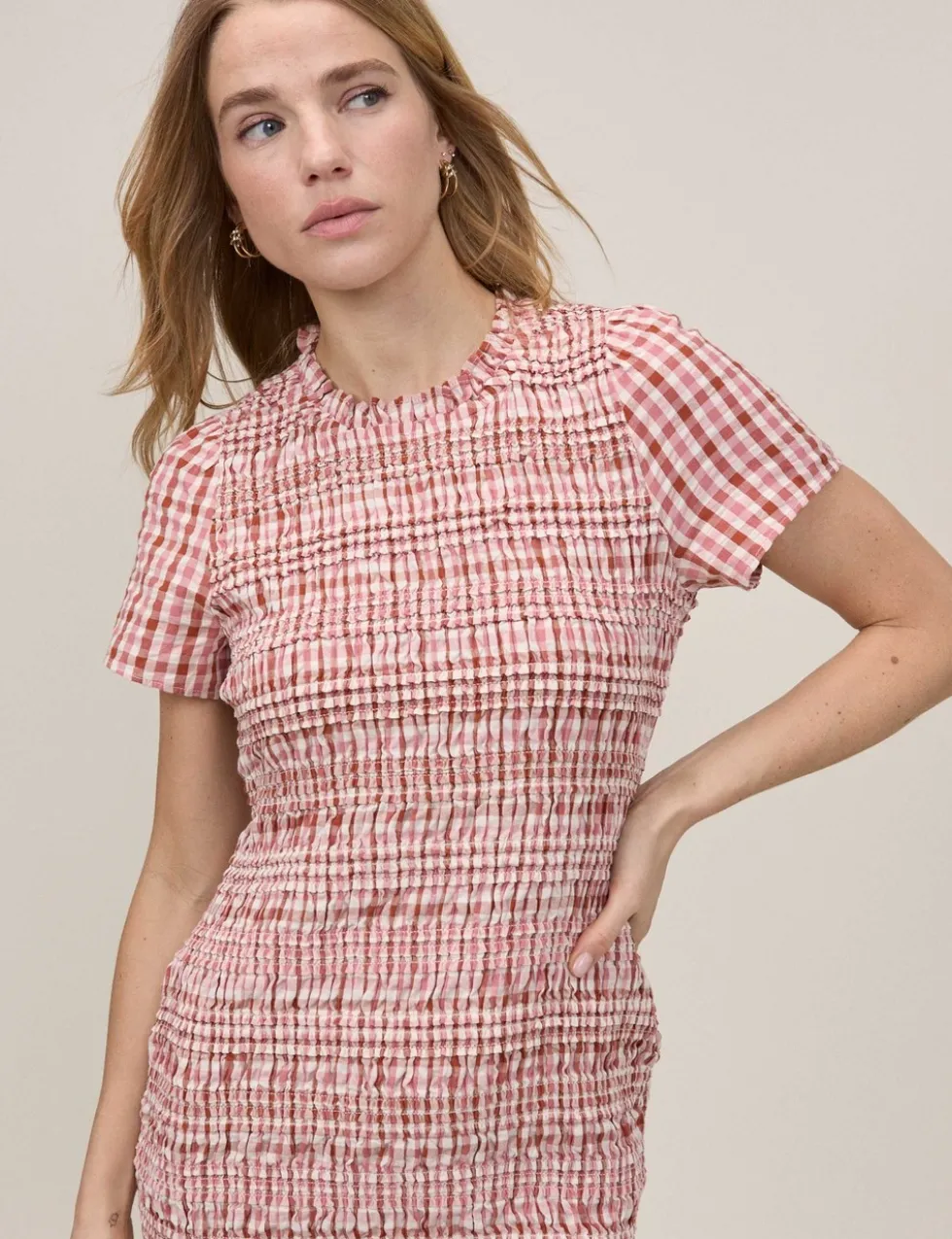 Pure Cotton Checked Mini Shirred Dress