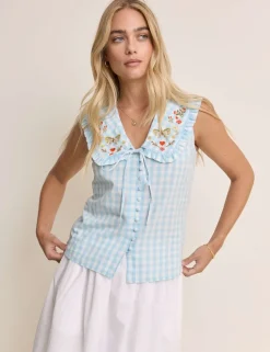 Pure Cotton Checked Tie Neck Blouse