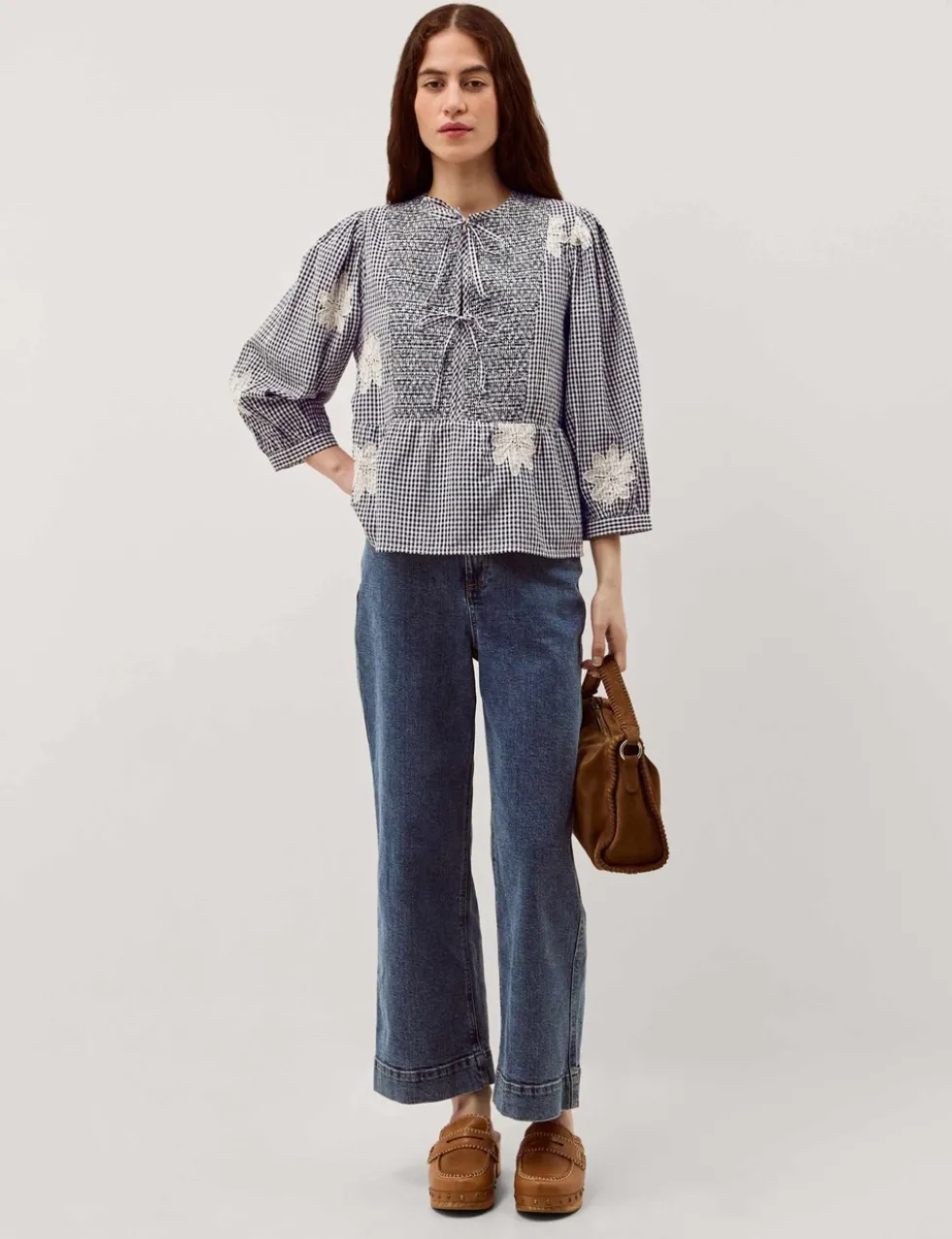 Pure Cotton Checked Tie Neck Blouse