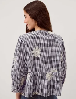 Pure Cotton Checked Tie Neck Blouse