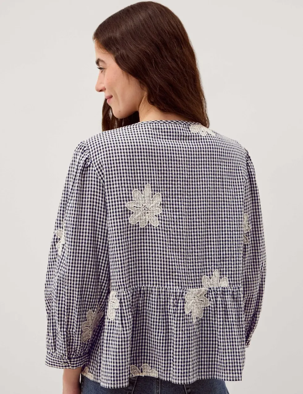 Pure Cotton Checked Tie Neck Blouse