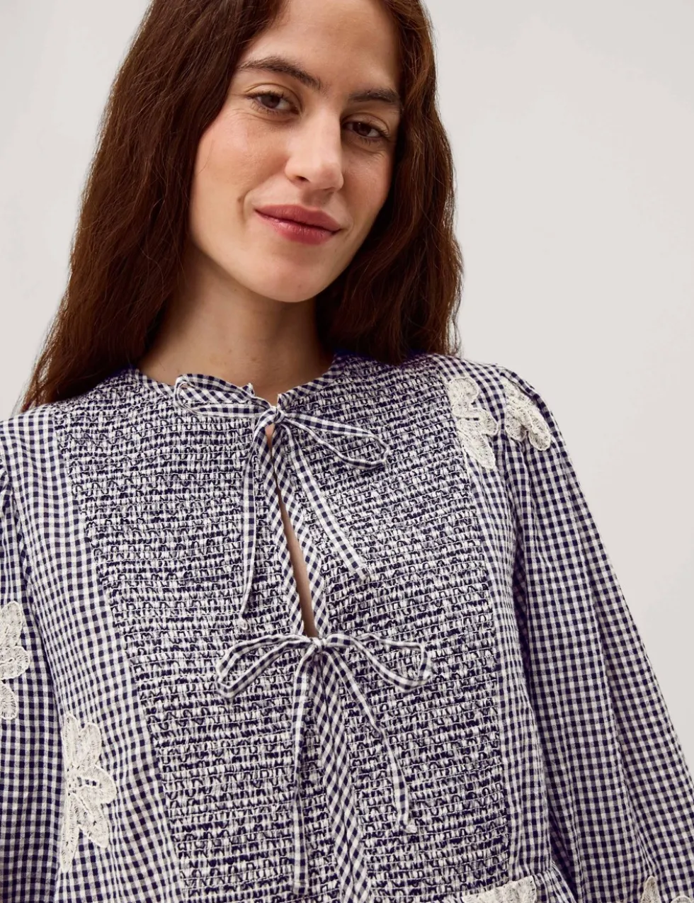 Pure Cotton Checked Tie Neck Blouse