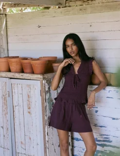 Pure Cotton Checked V-Neck Shirred Top