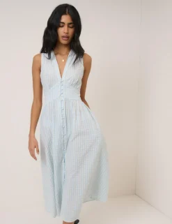 Pure Cotton Checked V-Neck Midi Waisted Dress