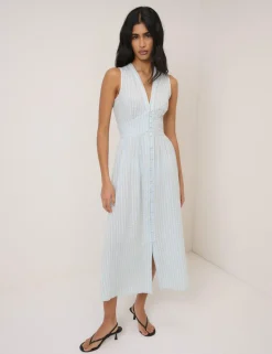 Pure Cotton Checked V-Neck Midi Waisted Dress