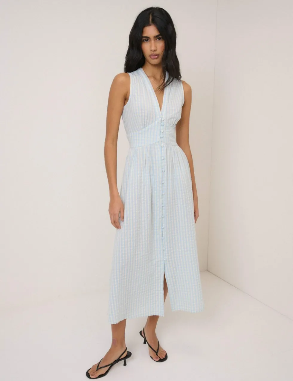 Pure Cotton Checked V-Neck Midi Waisted Dress