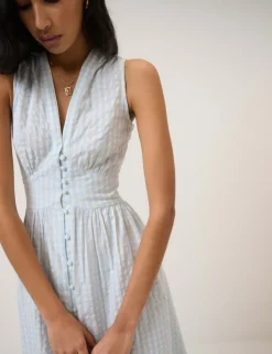 Pure Cotton Checked V-Neck Midi Waisted Dress