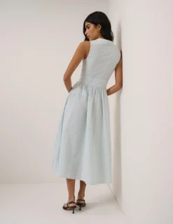 Pure Cotton Checked V-Neck Midi Waisted Dress
