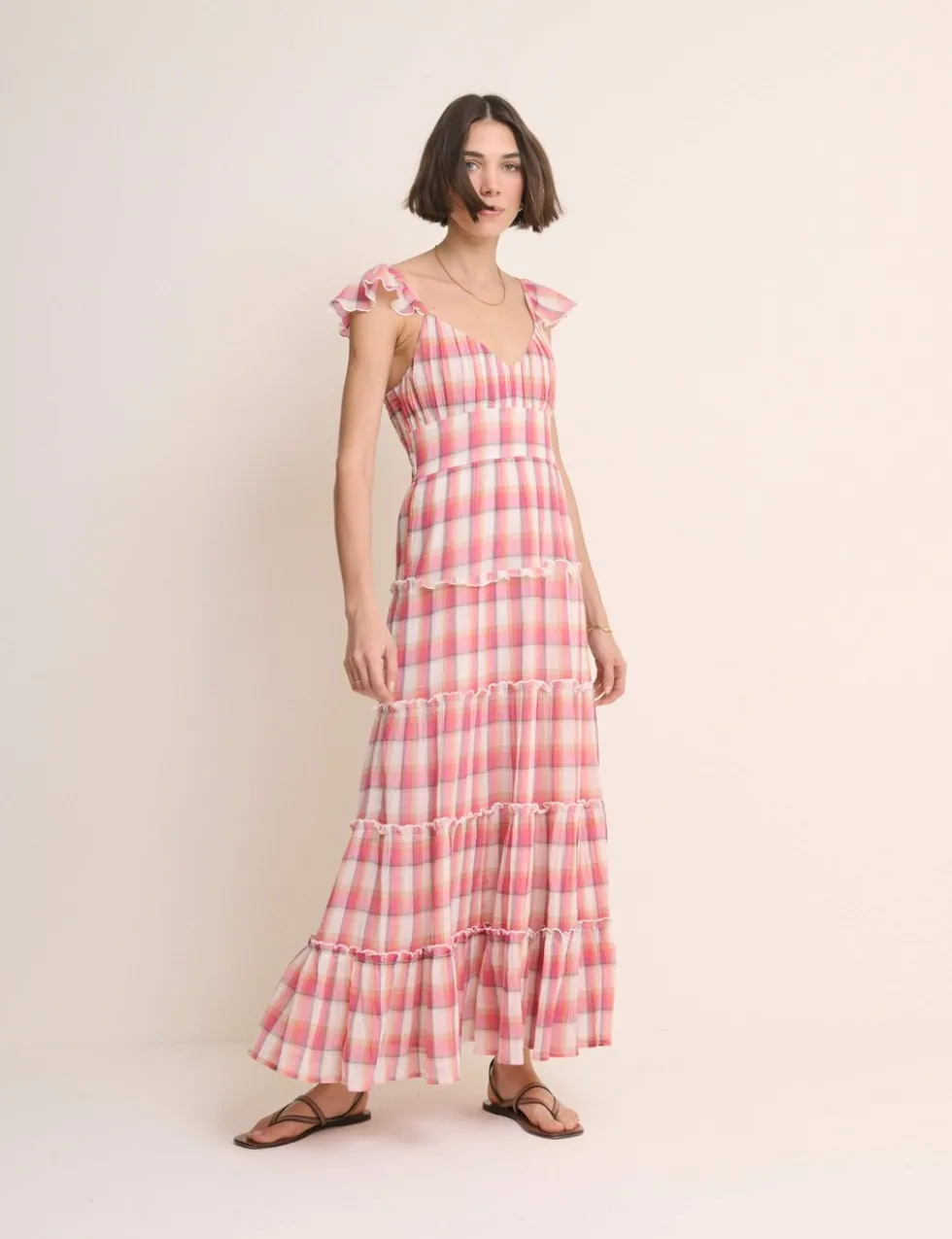 Pure Cotton Checked V-Neck Maxi Dress QT