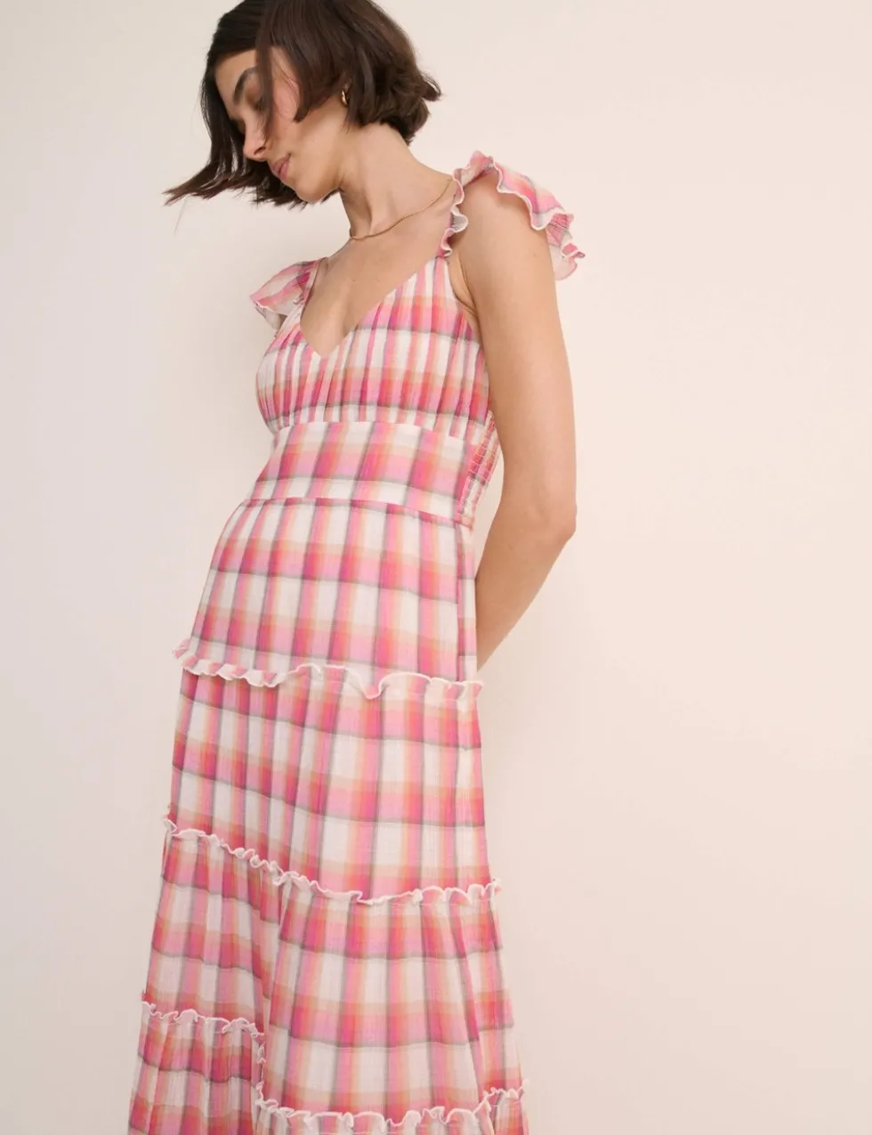 Pure Cotton Checked V-Neck Maxi Dress QT