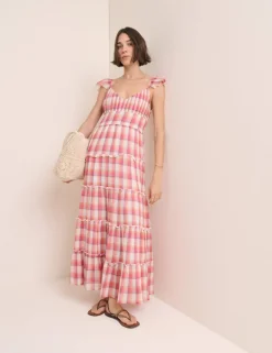 Pure Cotton Checked V-Neck Maxi Dress QT