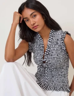 Pure Cotton Checked V-Neck Shirred Top