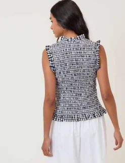 Pure Cotton Checked V-Neck Shirred Top