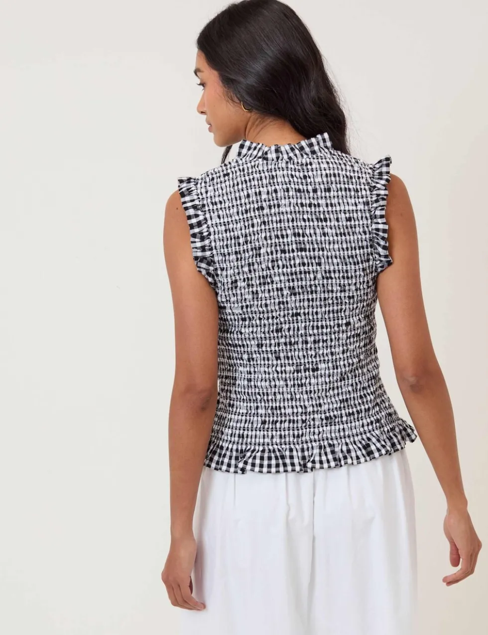 Pure Cotton Checked V-Neck Shirred Top