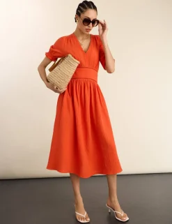 Pure Cotton Cheesecloth V-Neck Midi Dress