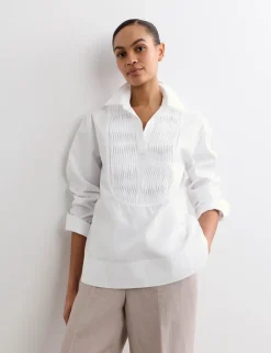 Pure Cotton Collared Relaxed Bib Detail Shirt