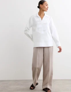 Pure Cotton Collared Relaxed Bib Detail Shirt