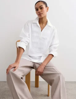 Pure Cotton Collared Relaxed Bib Detail Shirt