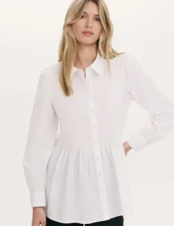 Pure Cotton Collared Shirred Detail Blouson Sleeve Shirt