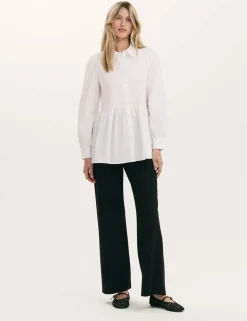 Pure Cotton Collared Shirred Detail Blouson Sleeve Shirt