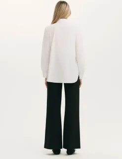 Pure Cotton Collared Shirred Detail Blouson Sleeve Shirt