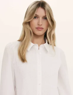 Pure Cotton Collared Shirred Detail Blouson Sleeve Shirt