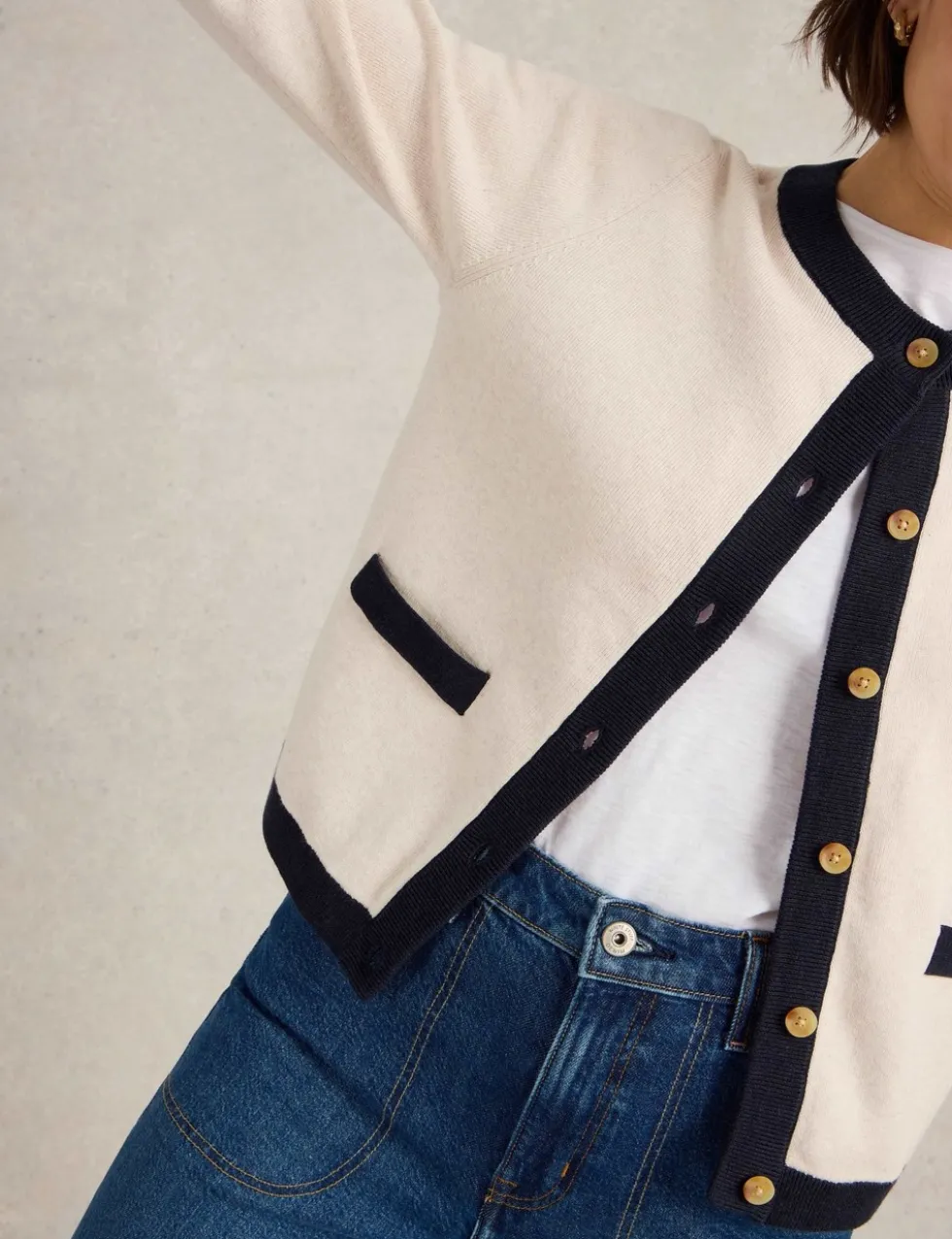 Pure Cotton Crew Neck Button Front Cardigan