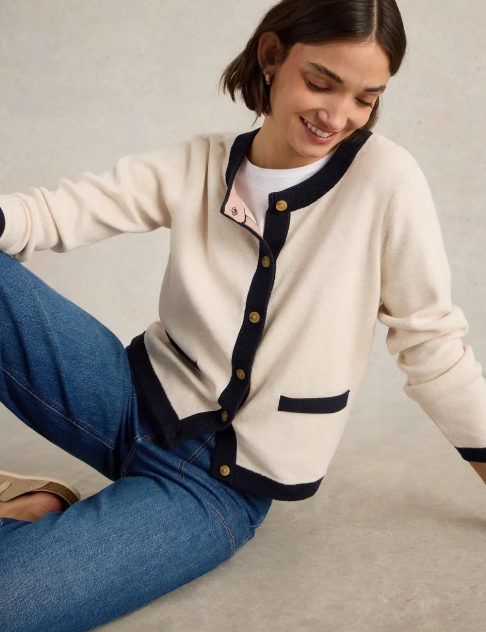 Pure Cotton Crew Neck Button Front Cardigan