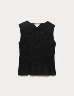 Pure Cotton Crew Neck Shirred Front Top