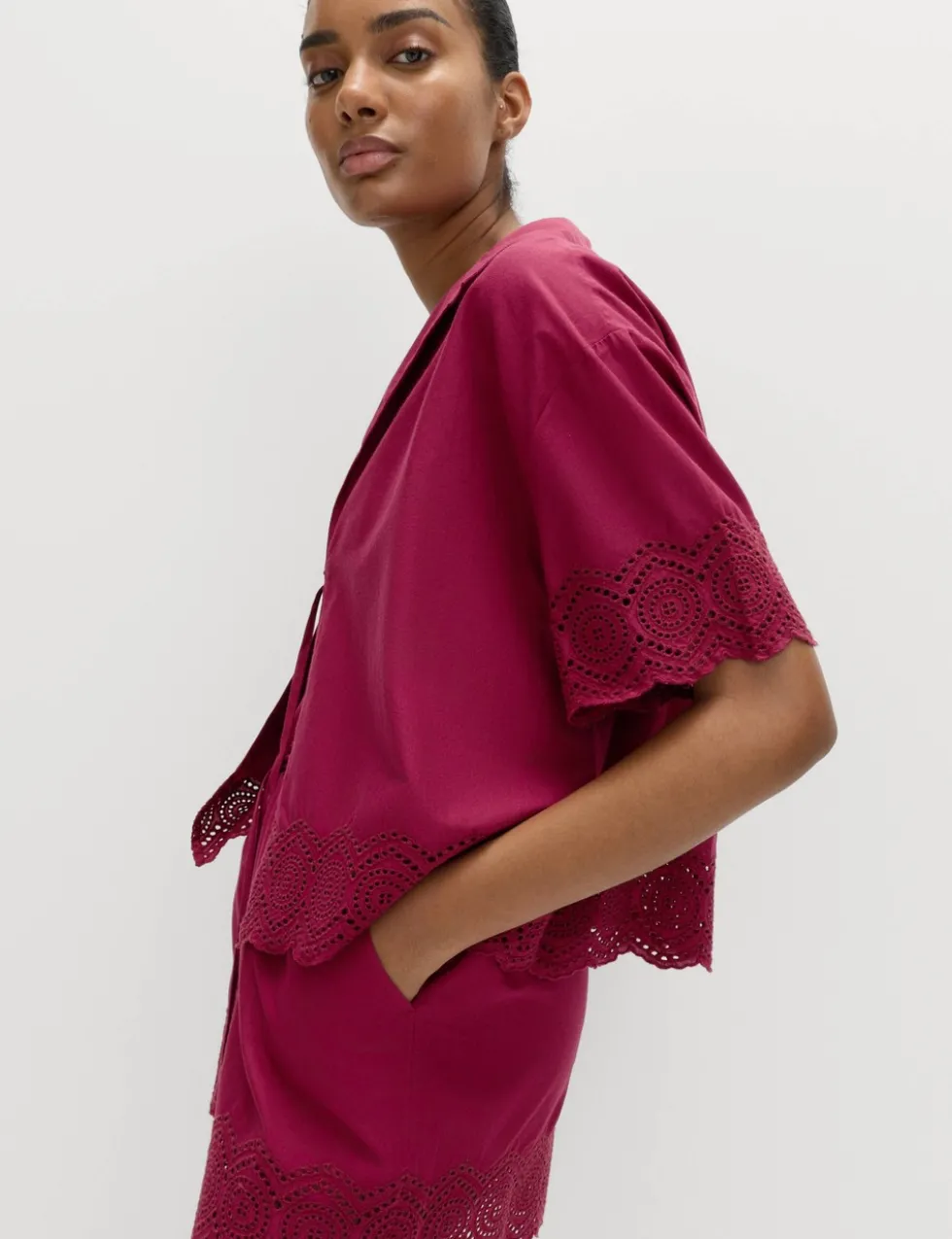 Pure Cotton Cutwork Detail Tie Front Beach Shirt