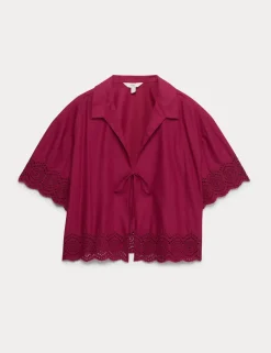 Pure Cotton Cutwork Detail Tie Front Beach Shirt