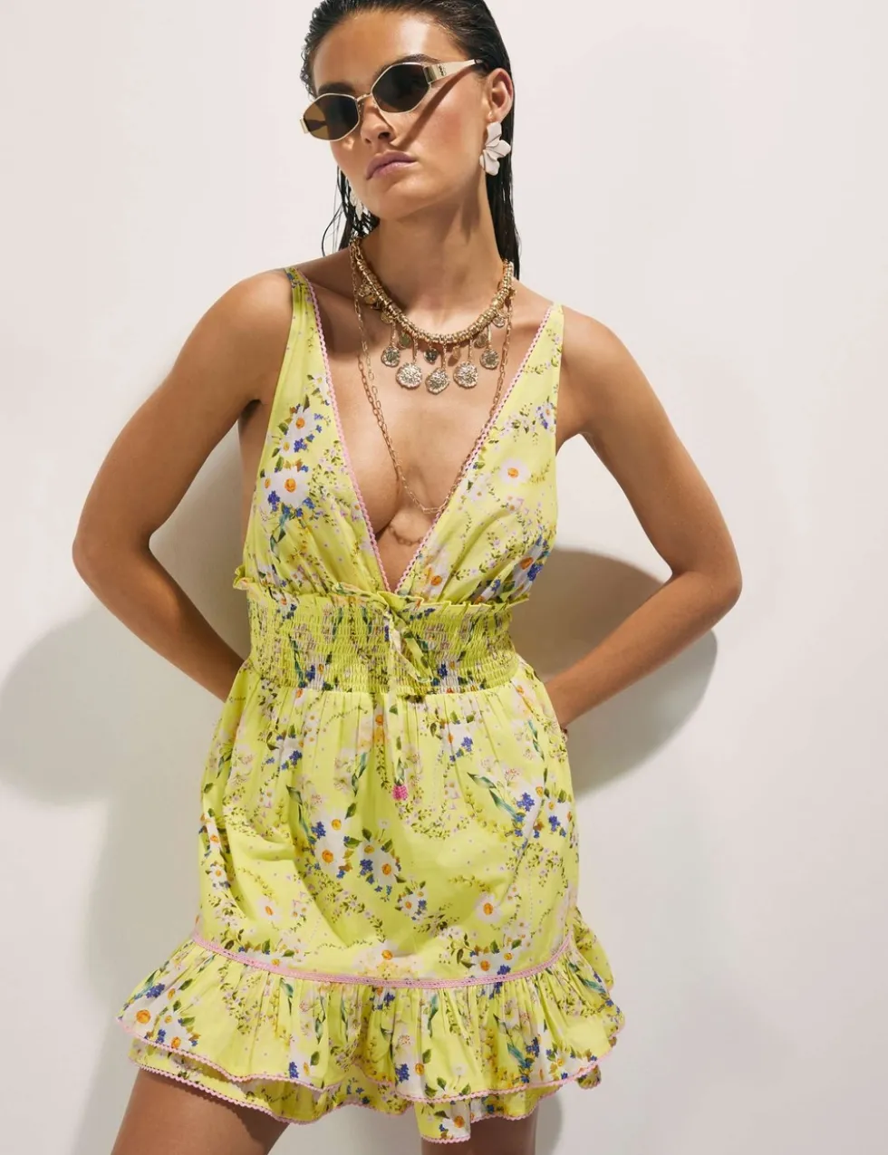 Pure Cotton Daisy Print V-Neck Mini Dress