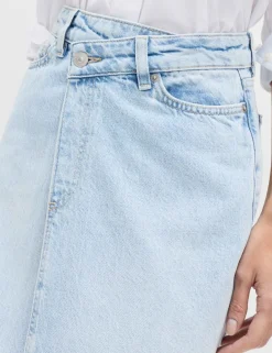 Pure Cotton Denim Asymmetric Midi Wrap Skirt