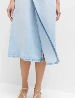 Pure Cotton Denim Asymmetric Midi Wrap Skirt