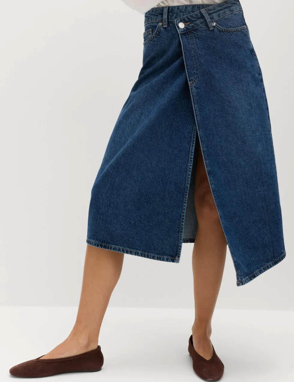 Pure Cotton Denim Asymmetric Midi Wrap Skirt