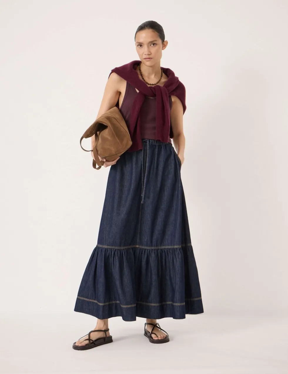Pure Cotton Denim Midaxi Tiered Skirt